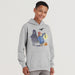 Child wearing a gray Paddington bear hoodie with a Halloween-themed design on a light gray background