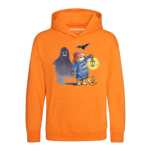 Orange hoodie with Paddington Bear and Halloween ghost design on a white background