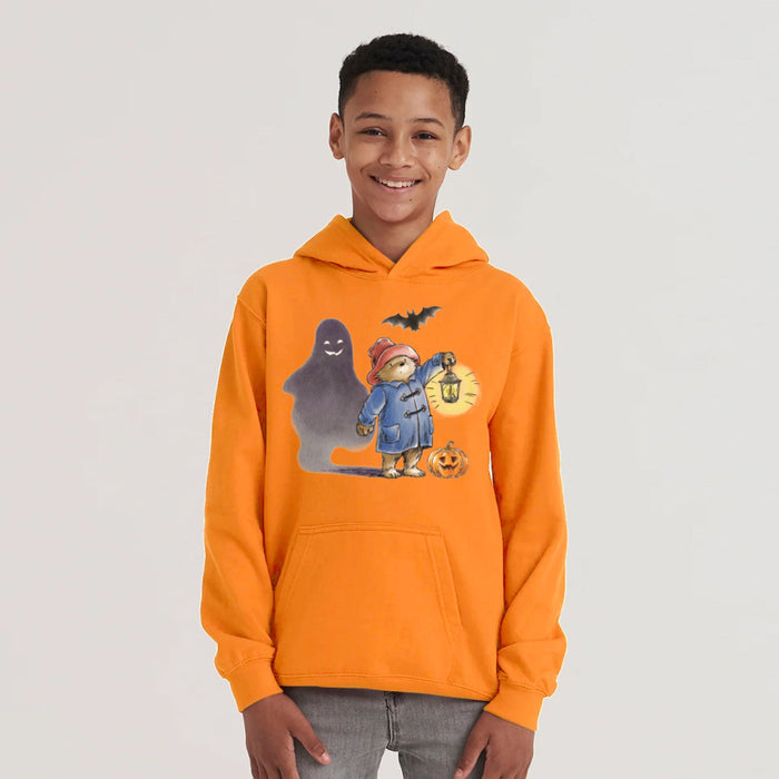 Orange hoodie with Halloween-themed design featuring a ghost, Paddington bear , and pumpkin on a white background