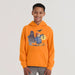 Orange hoodie with Halloween-themed design featuring a ghost, Paddington bear , and pumpkin on a white background