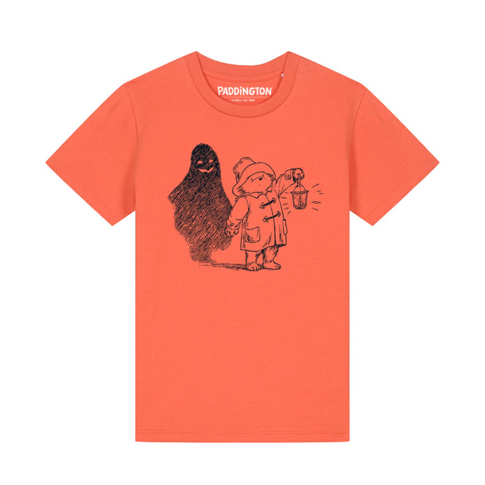Orange Halloween t-shirt with black Paddington Bear graphic on a white background