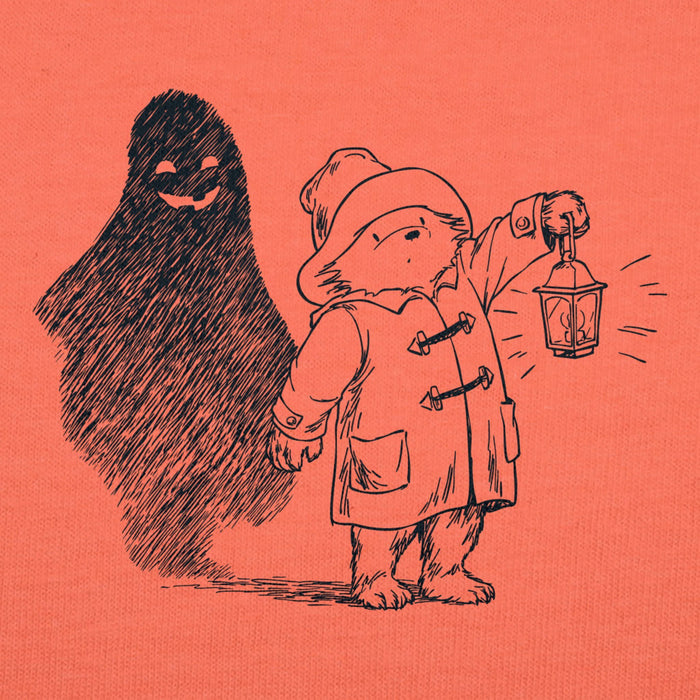 Illustration of Paddington bear holding a lantern with a shadowy figure behind it on an orange background