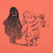 Illustration of Paddington bear holding a lantern with a shadowy figure behind it on an orange background
