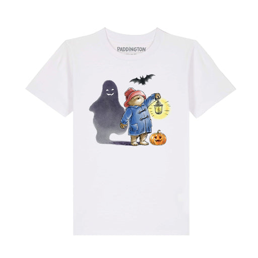White t-shirt with Paddington Bear and ghost design on a white background