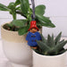 Small bear figurine in a blue coat and red hat hanging from a plant, with two potted plants in the background.