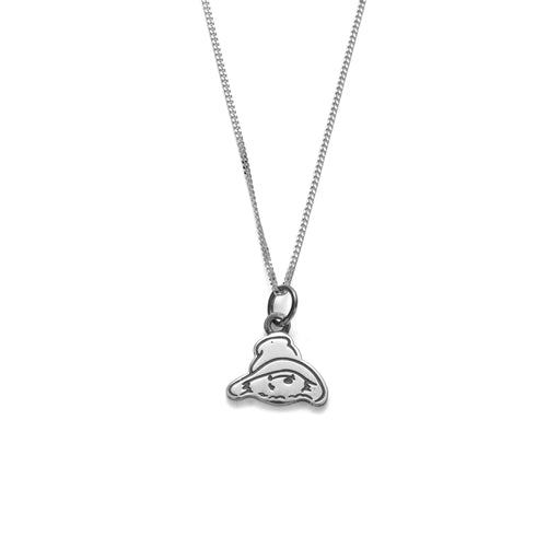 Silver necklace with a unique Paddington pendant on a white background