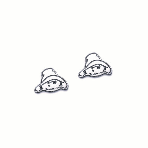 Silver Paddington-shaped earrings on a white background