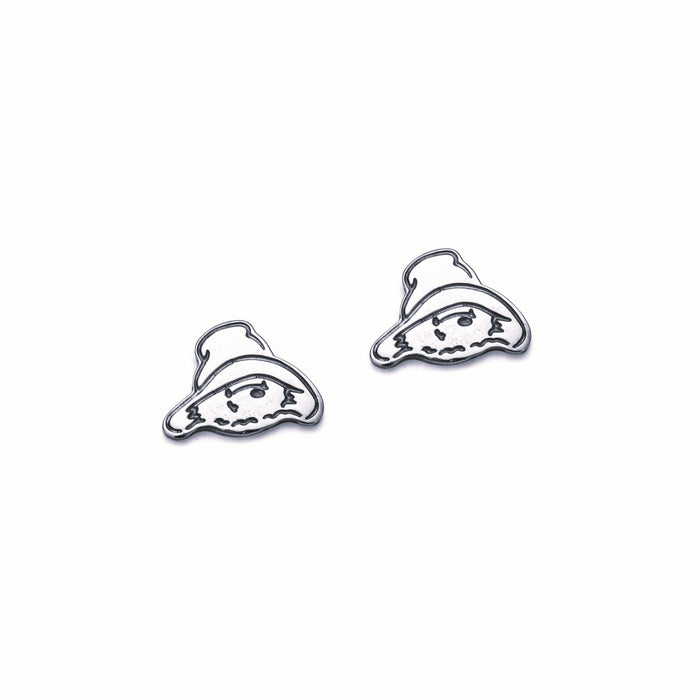 Silver Paddington-shaped earrings on a white background