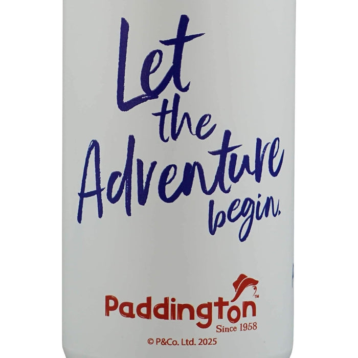 White tumbler with 'Let the Adventure Begin' text and Paddington logo on a white background