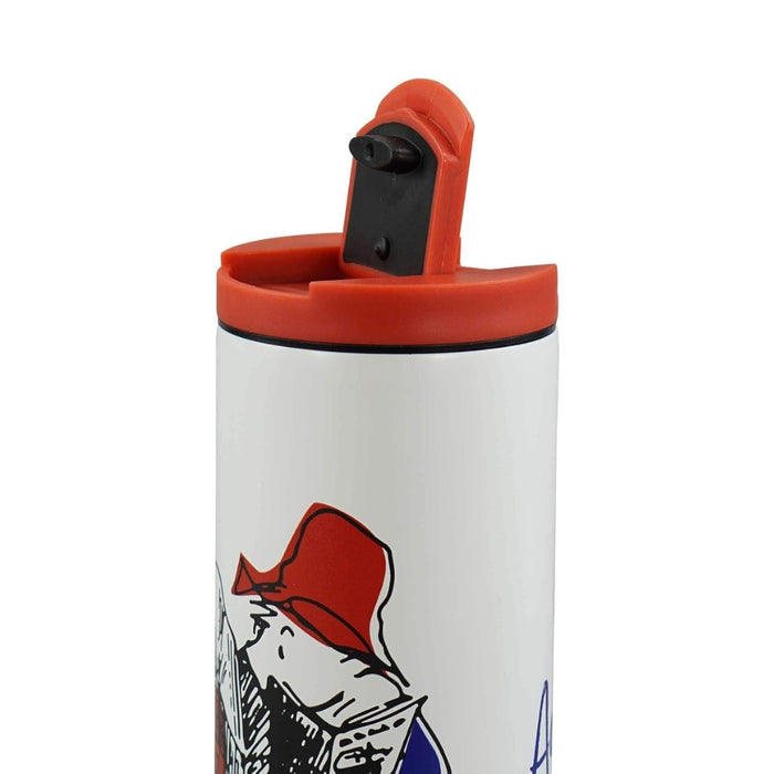 Tumbler with red lid featuring a graphic design on a white background