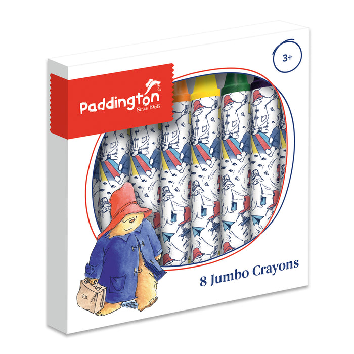 A box of 8 coloured wax crayons for kids with Paggy Fortnum Paddington bear and paper aeroplane illustrations  on the labels, set onto a white background, with Paddington bear proudly on the front and an age guidance of 3+ years.