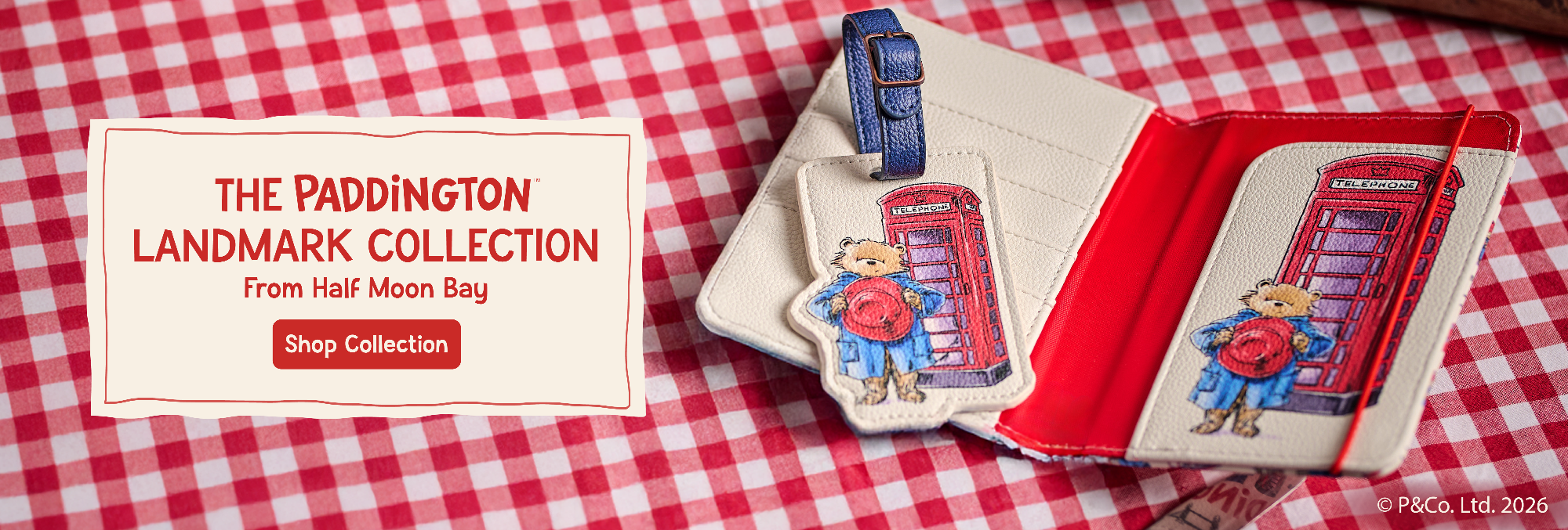 Paddington Bear-themed product on a red and white checkered background with 'The Paddington Landmark Collection' text.
