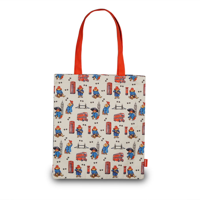 Tote bag with Paddington Bear and London-themed design on a white background