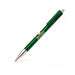 A metallic green retractable ballpoint pen with silver metal accents and a gold and white printed logo on the barrel, shown diagonally on a plain white background.