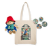 Tote bag with Paddington Bear plush toy and decorative buttons on a white background