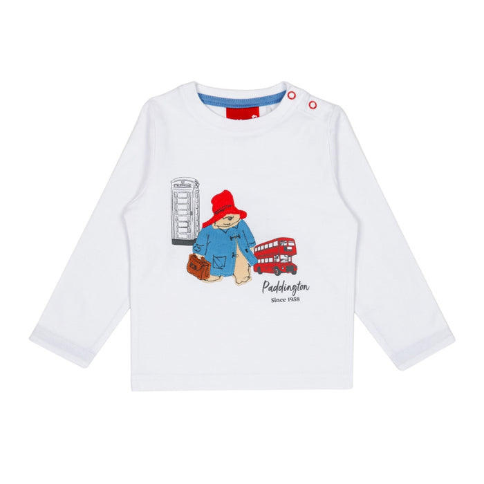 White Long sleeve infant top with paddington embroidery and london scene