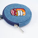 A round blue denim zippered pouch featuring an embroidered orange marmalade jar patch with the word 'Marmalade' on a white background.