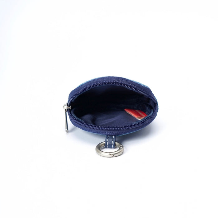 A small navy blue zippered pouch with a silver metal key ring attachment, shown open on a plain white background.