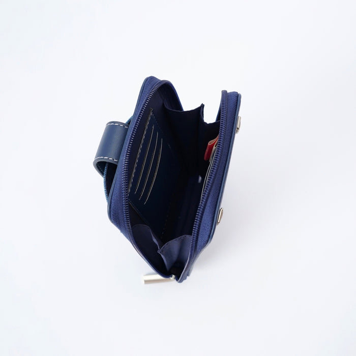 A navy blue zippered phone wallet bag shown open from a top-down view, revealing multiple card slots and an interior pocket, set against a plain white background.