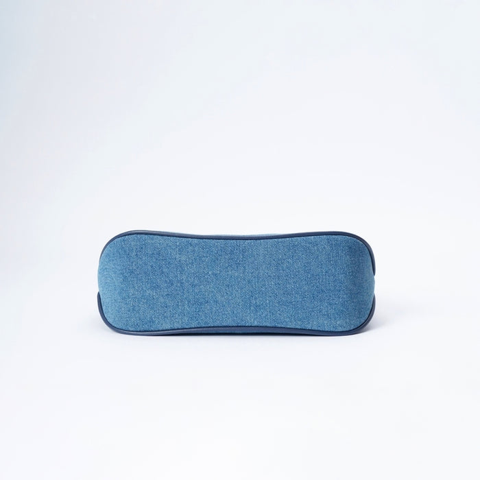 A blue denim-textured rectangular Paddington handbag with dark navy blue trim, photographed from the bottom on a clean white studio background.