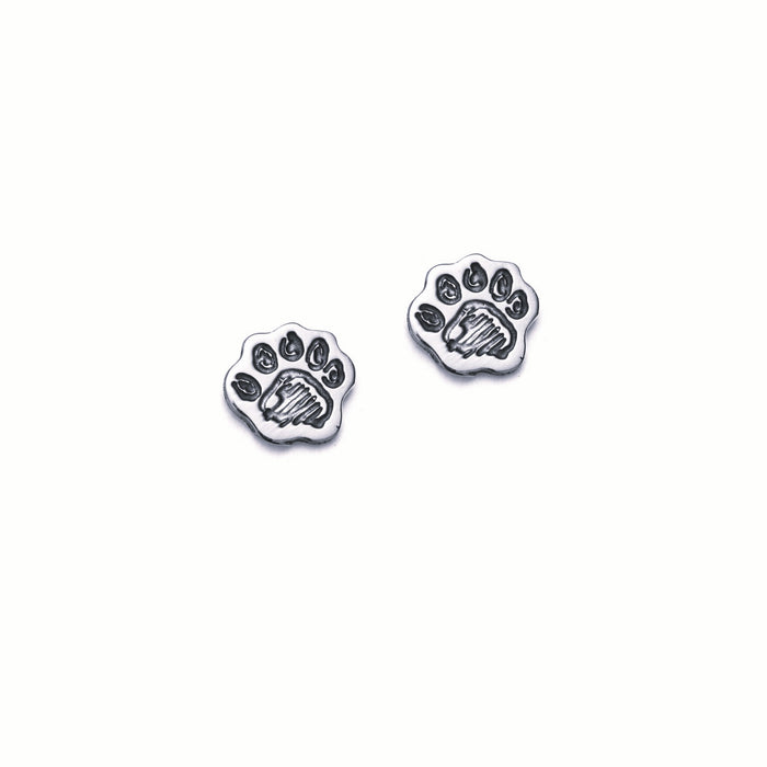 Silver paw print earrings on a white background