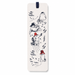 A tall, narrow cream-colored paper bookmark featuring a whimsical black ink sketch of paddington bear in winter clothing, with one wearing a red hat. The bookmark is suspended from a dark navy blue ribbon at the top, set against a clean white background.