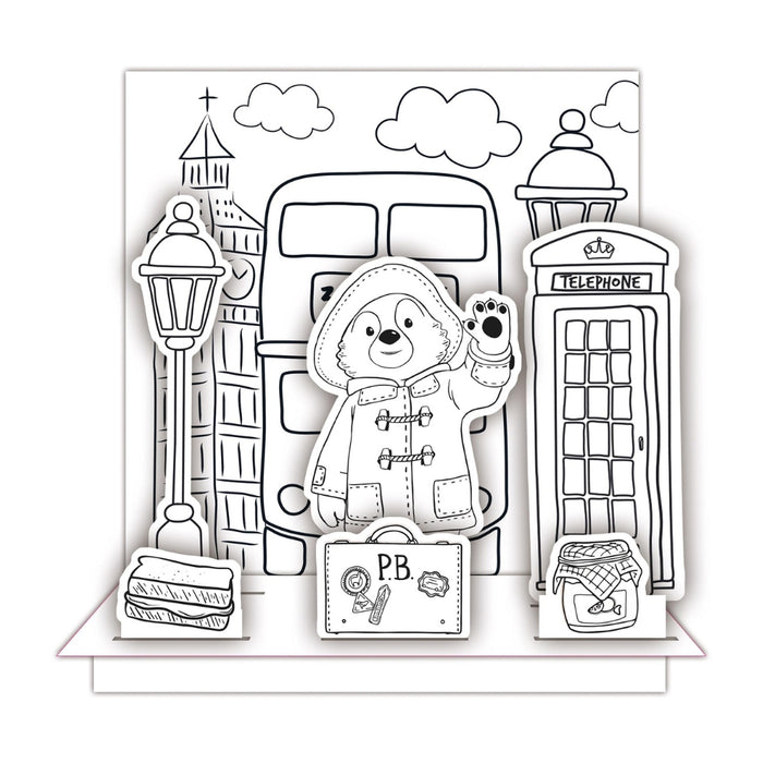 Black and white illustration of a Paddington bear character with London-themed elements on a white background