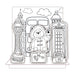 Black and white illustration of a Paddington bear character with London-themed elements on a white background