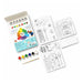 Coloring book set with coloring pages, paint, and brush on a white background
