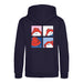 A navy blue hoodie shown from the back, featuring a graphic print of a cartoon Paddington character wearing a red hat in a four-panel comic style.