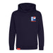 A navy blue pullover hoodie with a small graphic on the left chest featuring a cartoon bear character and the word 'PADDINGTON' in red, plus a small red tag near the bottom hem.