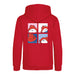 A red pullover hoodie shown from the back, featuring a graphic print of a cartoon Paddington character wearing a red hat in a four-panel comic style.