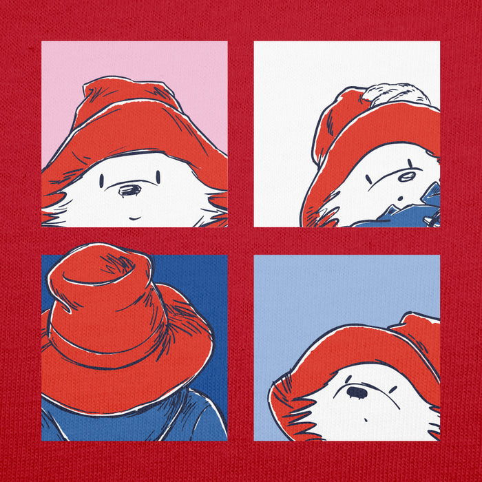 A square graphic print featuring a four-panel pop-art style illustration of a Paddington bear wearing a red hat, set against a red textured background.