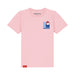 A light pink short-sleeve t-shirt featuring a small cartoon graphic of Paddington Bear on the left chest and a red Paddington brand tag near the bottom hem, displayed on a clean white background.