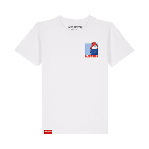 A white short-sleeve t-shirt with a small graphic of Paddington Bear on the left chest and a red Paddington brand tag near the bottom hem, shown on a plain white background.