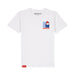 A white short-sleeve t-shirt with a small graphic of Paddington Bear on the left chest and a red Paddington brand tag near the bottom hem, shown on a plain white background.