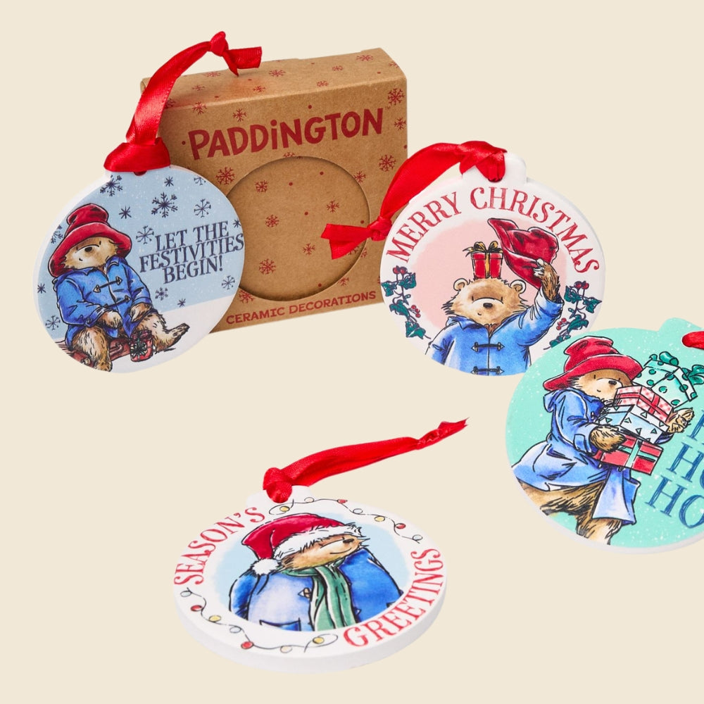 Paddington Seasonal Ranges with ceramic Christmas tree decorations with christmas greetings