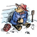 Illustration of Paddington bear character wearing a blue coat and red hat, sitting in the snow with a spade and ball of yarn.