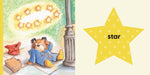 Illustration of a teddy bear looking at a yellow star with stars around it on a green background.