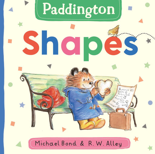 Book cover of 'Paddington Shapes' featuring Paddington Bear on a bench with colorful shapes around.