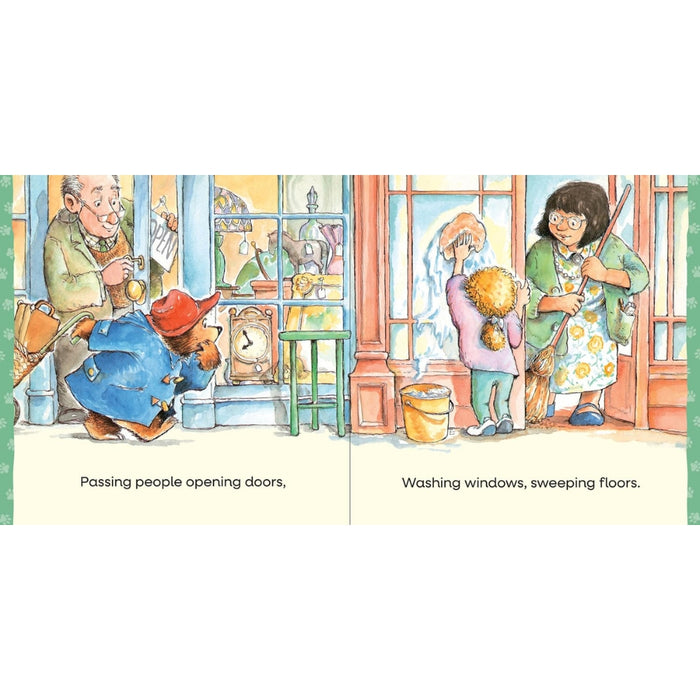 A children's book illustration spread showing two illustrated scenes: a bear helping people open doors in a shop, and a woman washing windows while sweeping floors. Small printed captions appear below each scene.