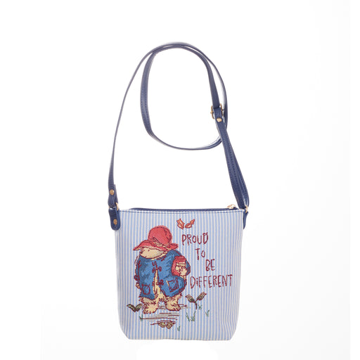 navy blue Striped Paddington shoulder sling bag with proud to be different quote and illustration