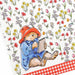 Illustration of a bear in a red hat and blue coat reading a book among flowers with a red checkered gingham border.