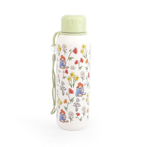 Floral-patterned and Paddington water bottle with a green lid on a white background