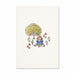 Illustration of paddington bear in a blue coat sitting under a tree with flowers and birds on a checkered background