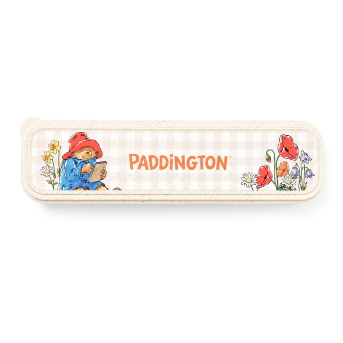 Rectangular cutlery box with Paddington Bear illustration and floral design on a white background