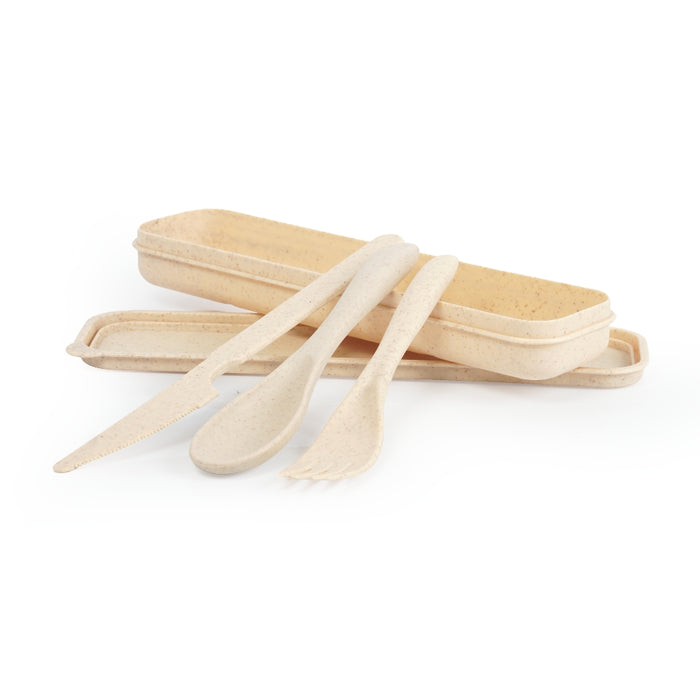Set of picnic cutlery knife fork spoon and tray on a white background