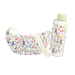 A matching floral print moon bag and water bottle set. The white fabric crossbody bag features a colorful print of paddington bear and wildflowers, with a cream shoulder strap.