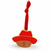 A red and gold Christmas ornament shaped like Paddington bear with a red hat and a glittery brown band and a small smiling face as the Paddington the musical logo, hanging from a red ribbon on a white background. 