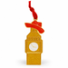 A gold glitter Big Ben clock-shaped ornament with a red hat and a red hanging ribbon, shown on a plain white background. 